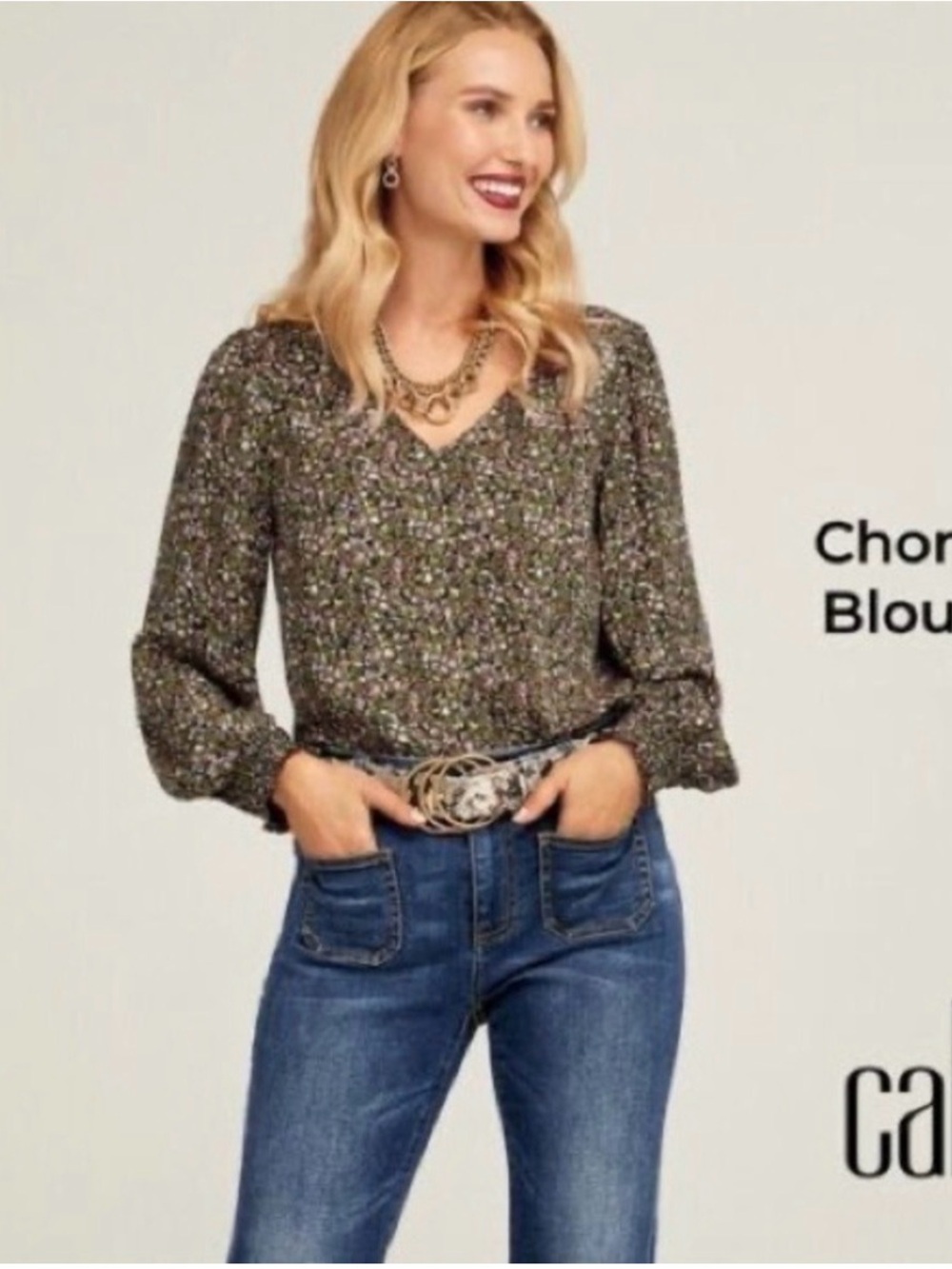 CAbi Olive Floral V-Neck Puff-Sleeve Blouse Chourus Blouse